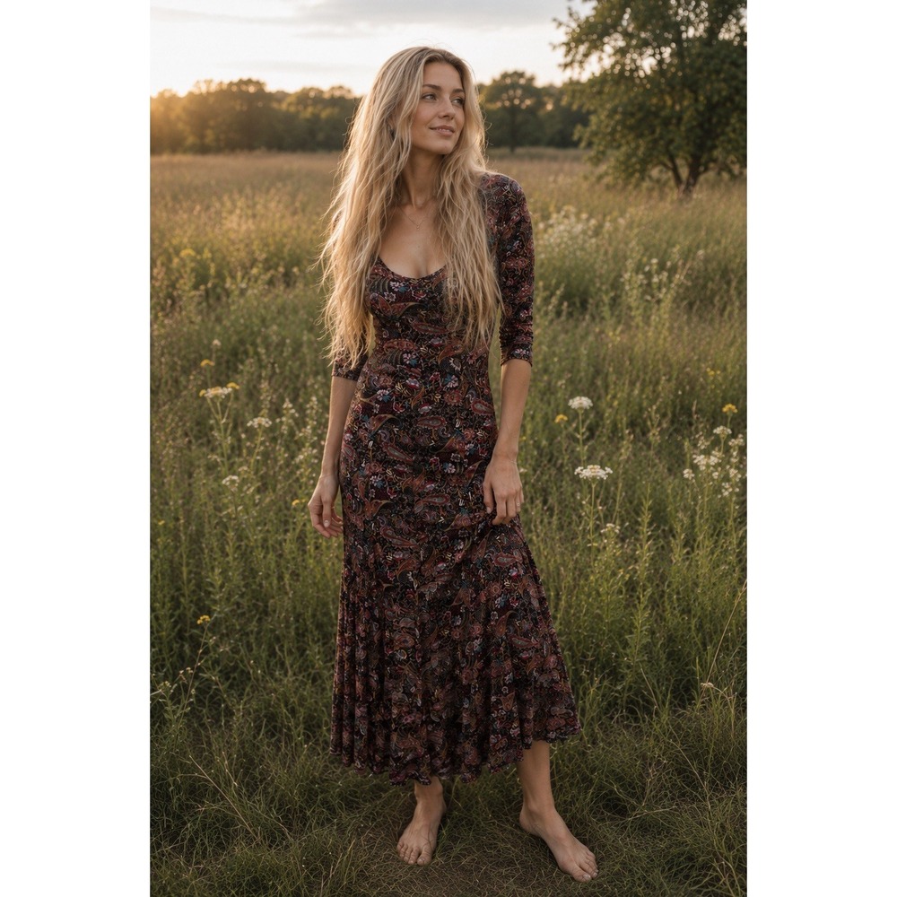 Earthbound Trading Co Maxi Midi Paisley Dark Fairy Dress Boho Lagenlook Flowy L